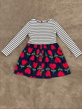 Mini Boden Girls Navy Stripe & Red Heart Tulip Print Dress